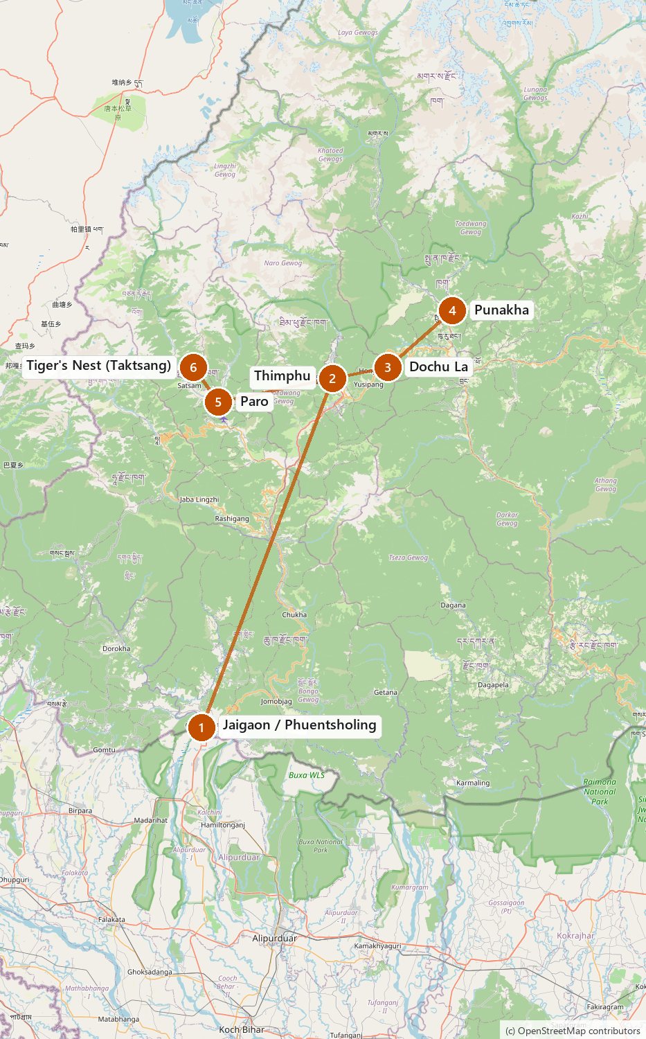 Route map for Bhutan Diaries 2026 - Explore the Dragon Kingdom