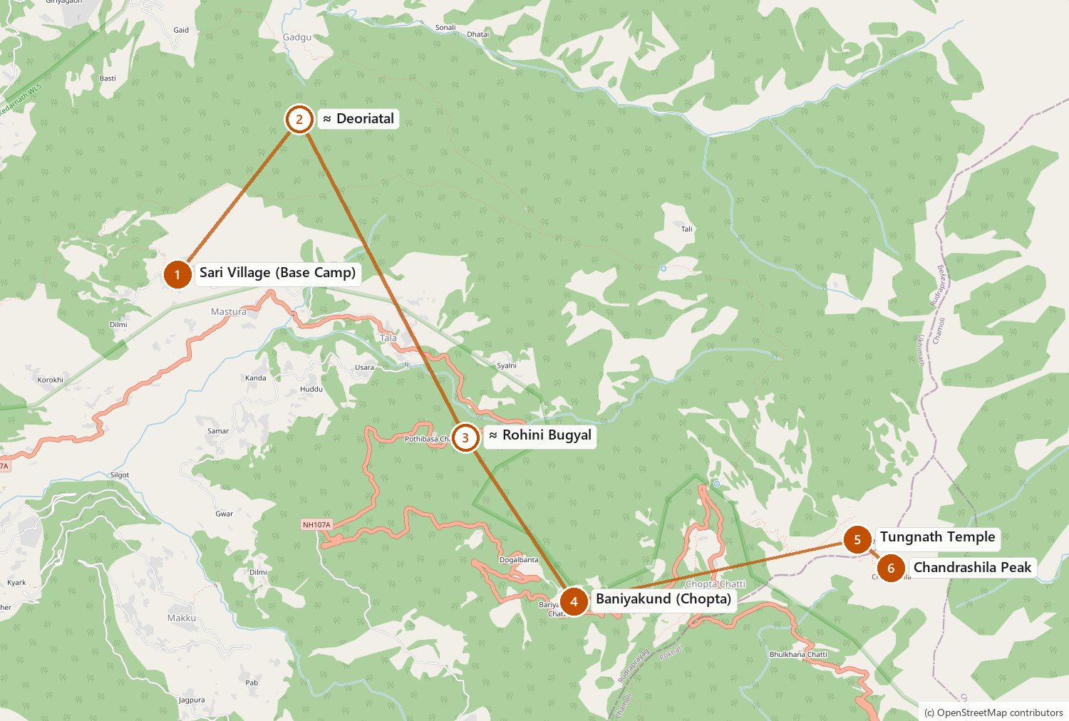 Route map for Deoriatal-Chopta-Tungnath-Chandrashila Expedition 2026